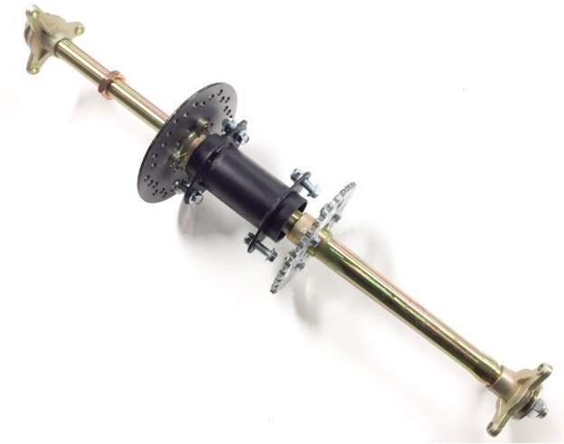 (28B3a) Achteras met lagerhuis incl. tandwiel en remschijf